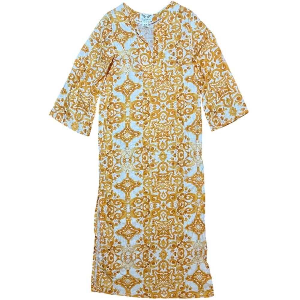 Claudia Bo Linen Maxi Dress Size XCH Orange White Damask Scroll Kaftan XS